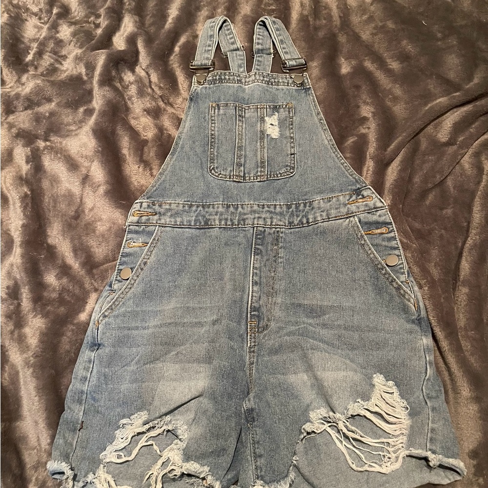 Distressed Denim Short Overalls